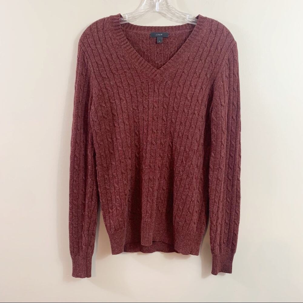 J Crew Cambridge Cable Burgundy Wool Blend V-Neck Sweater